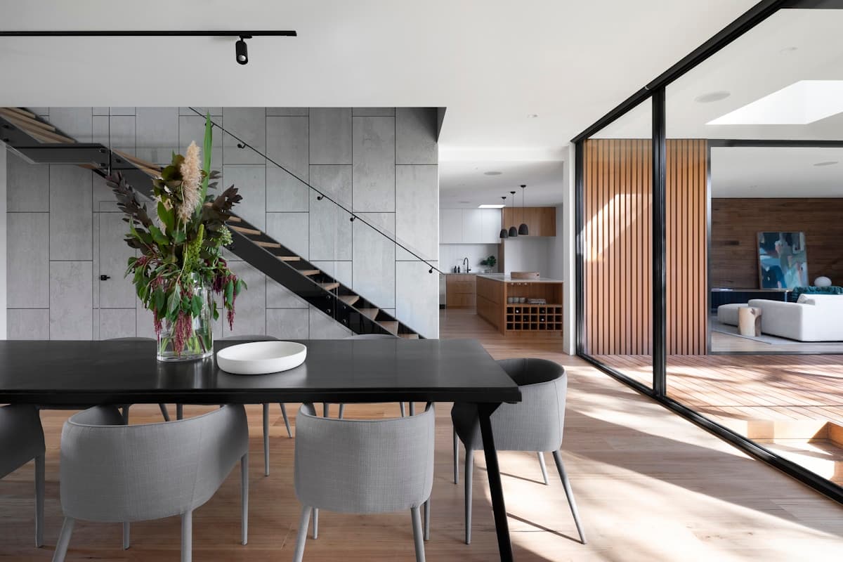 Contemporary interior with natural finishes and open living spaces