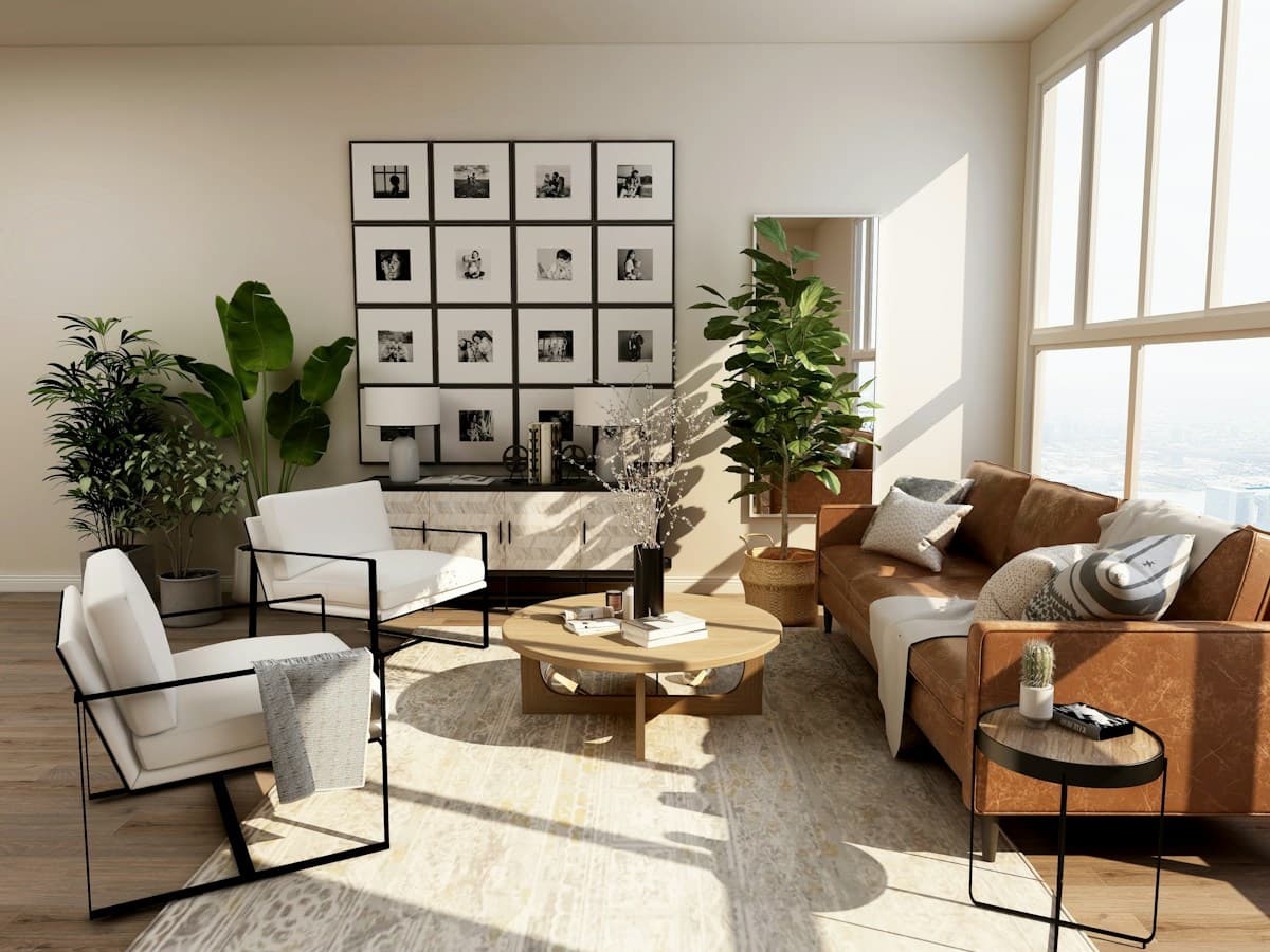Light-filled living room with leather seating and indoor plants